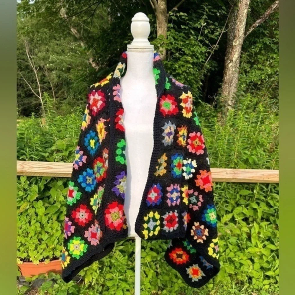 Vintage Colourful Granny Quilt Shawl Afghan Crochet Blanket